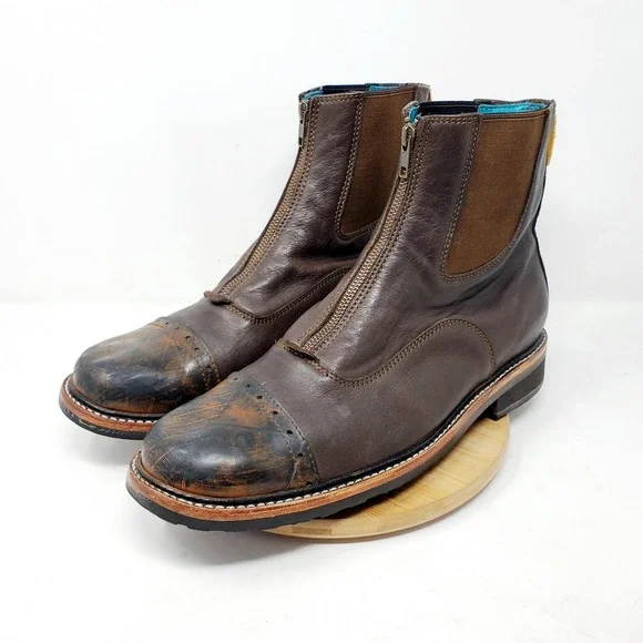 PSKaufman Chelsea Boots Mens 13‎ Brown Leather Front Zip Brogue Cap Toe Shoes